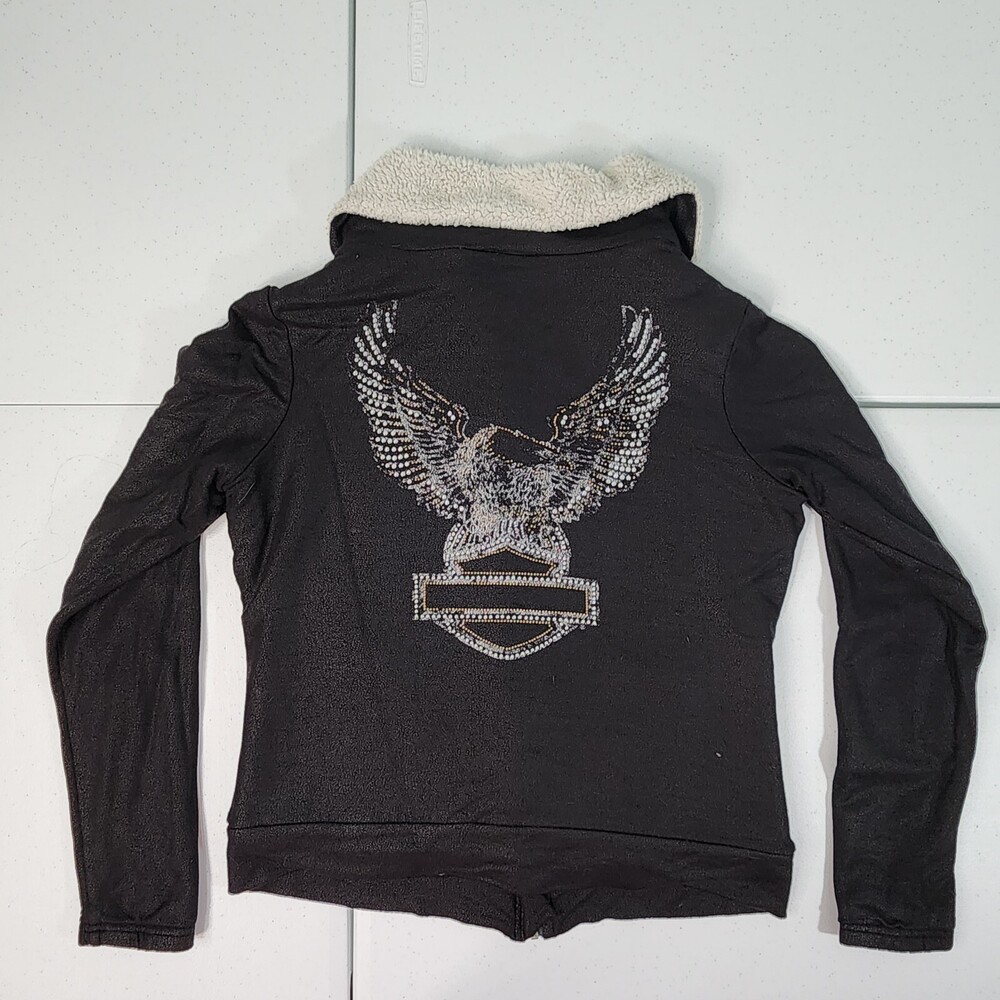 Harley Davidson Sherpa Lined Black Fleece Jacket Women M Rhinestones/Embellished